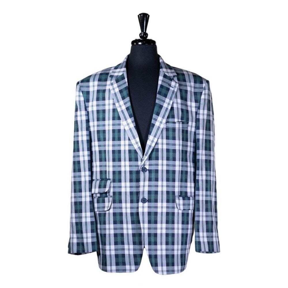 Mens Blazer Plaid Blue Green White Wool Lined Formal Party Jacket Sport Coat 46R